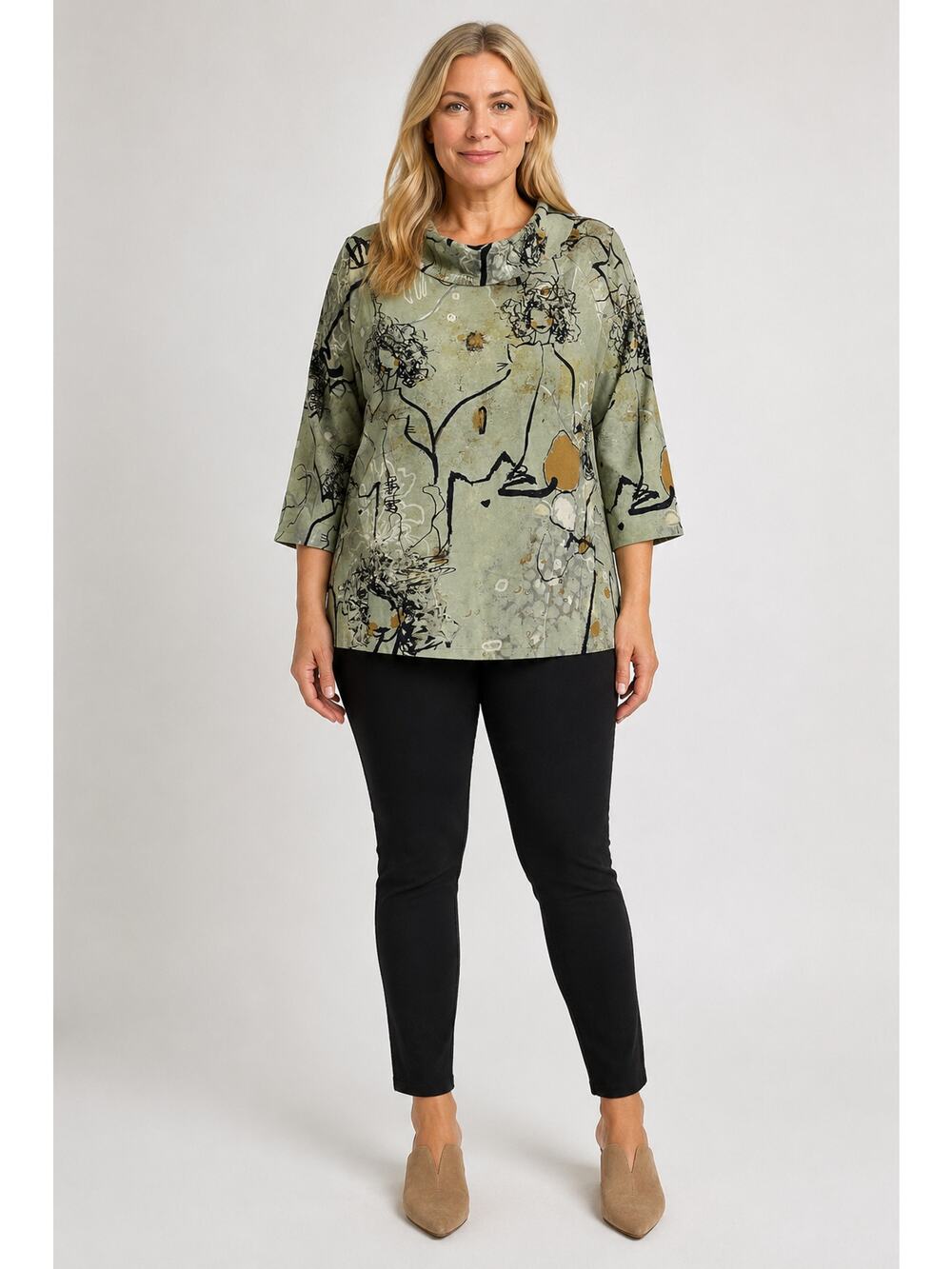 3 Potato Cowl Neck 3/4 Sleeve Artsy Top Shirt Green Womens Size XL New 24HTP Cat